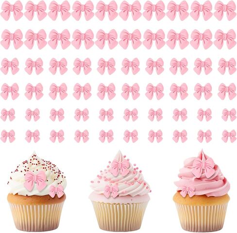 60Pcs Bowknot Cupcake Toppers, Pink Bow Cake Toppers Bowknot Cake Decorations Bows Cakes Decor for Birthday Theme Parties Bridal Engagement Wedding Baby Showers Birthday Party (3Size) in Kuwait