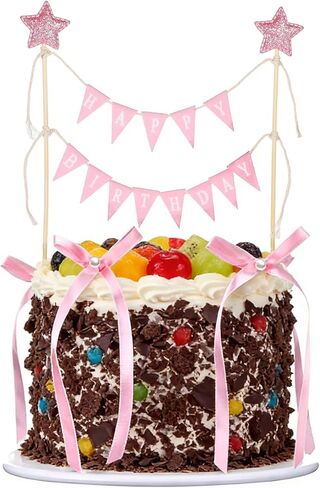 11 Pcs Pink Bow Cake Topper, Happy Birthday Cake Banner, Handmade Pennant Flags With Wood Pole and Bow Ribbon for Birthday Bridal Party Decoration in Saudi Arabia