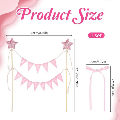 11 Pcs Pink Bow Cake Topper, Happy Birthday Cake Banner, Handmade Pennant Flags With Wood Pole and Bow Ribbon for Birthday Bridal Party Decoration in Saudi Arabia