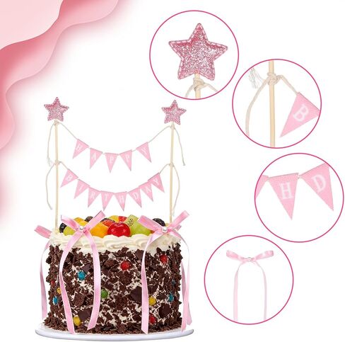 11 Pcs Pink Bow Cake Topper, Happy Birthday Cake Banner, Handmade Pennant Flags With Wood Pole and Bow Ribbon for Birthday Bridal Party Decoration in Saudi Arabia