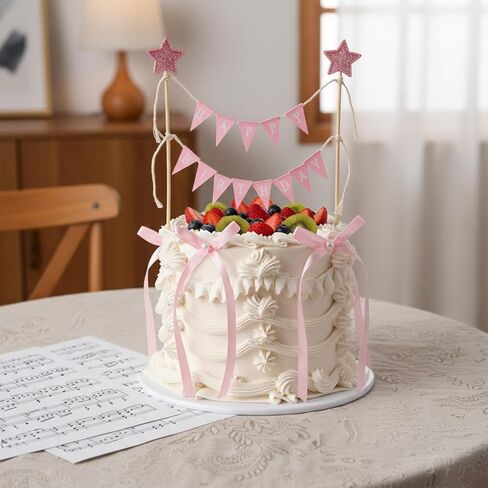 11 Pcs Pink Bow Cake Topper, Happy Birthday Cake Banner, Handmade Pennant Flags With Wood Pole and Bow Ribbon for Birthday Bridal Party Decoration in Saudi Arabia