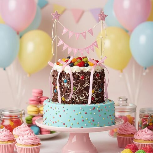 11 Pcs Pink Bow Cake Topper, Happy Birthday Cake Banner, Handmade Pennant Flags With Wood Pole and Bow Ribbon for Birthday Bridal Party Decoration in Saudi Arabia