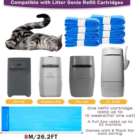 أكياس إعادة تعبئة فضلات القطط بطول 26.2 قدمًا متوافقة مع Litter Genie Plus/Standard/Style/Pet Pail، طول إضافي 80% ومدة استخدام 32 شهرًا، عبوات فضلات فائقة التحكم في الرائحة، 8 عبوات (الخرطوشة غير متضمنة) in Kuwait