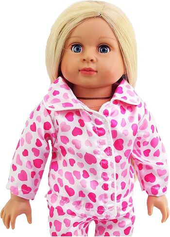 American Fashion World Pink Heart Pajamas for 18-Inch Dolls | Slippers Included | Premium Quality & Trendy Design | Dolls Clothes | Outfit Fashions for Dolls for Popular Brands in Saudi Arabia