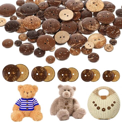 100pcs Natural Coconut Shell Buttons 2 Hole Sewing Buttons Big Button, 25/20/15/12.5/10mm Brown Wooden Button for Crafts Sewing, Shirt, Clothing Replacement Crochet Projects Decoration in Kuwait