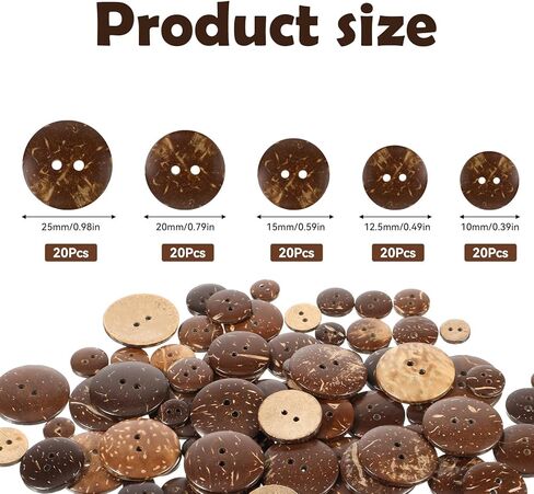 100pcs Natural Coconut Shell Buttons 2 Hole Sewing Buttons Big Button, 25/20/15/12.5/10mm Brown Wooden Button for Crafts Sewing, Shirt, Clothing Replacement Crochet Projects Decoration in Kuwait
