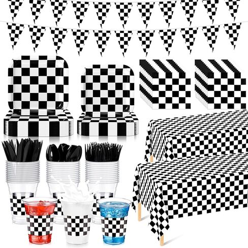 Domensi 214 Pcs Racing Car Birthday Party Decorations Racing Car Parties Tableware Set for 30 Guests Black and White Checkered Dinnerware Decorations for Race Cars Themed Birthday Party Supplies in Saudi Arabia