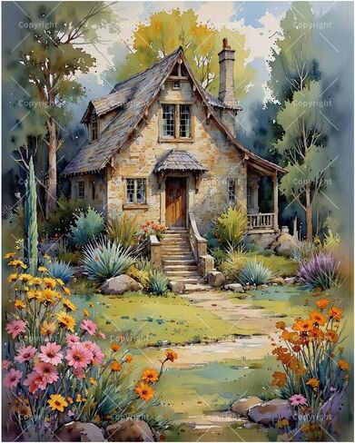 Cottage Paint by Numbers Kit for Adults - DIY Stone House with Flower Garden Painting on Canvas 16x20 Inches, Acrylic Paint Set, Suitable for Beginners, Art for Home Decoration or Gifts in Saudi Arabia