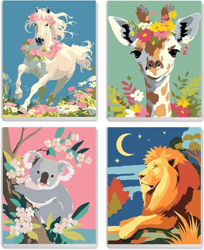 MXJSUA 4 Pack Animals Framed Canvas Paint by Numbers for Kids Adults, Koala Lion Horse Giraffe Paint by Numbers Kit for Children Beginners, Acrylic Painting Craft Kits for Home Wall Decor, 8x8 inch in Saudi Arabia