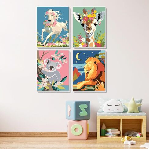 MXJSUA 4 Pack Animals Framed Canvas Paint by Numbers for Kids Adults, Koala Lion Horse Giraffe Paint by Numbers Kit for Children Beginners, Acrylic Painting Craft Kits for Home Wall Decor, 8x8 inch in Saudi Arabia