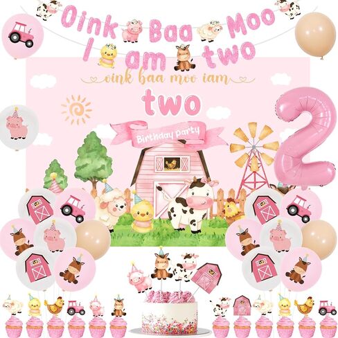 ديكورات عيد الميلاد الثاني للمزرعة للفتيات - خلفية Oink Baa Moo Im Two، لافتة، أعلى كعكة حيوانات المزرعة، أغطية الكب كيك، البالونات، لوازم حفلات عيد ميلاد المزرعة الوردية Moo Moo I Am Two Barnyard in Saudi Arabia