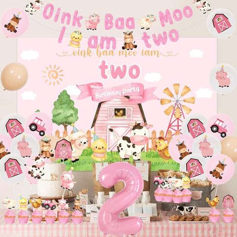 ديكورات عيد الميلاد الثاني للمزرعة للفتيات - خلفية Oink Baa Moo Im Two، لافتة، أعلى كعكة حيوانات المزرعة، أغطية الكب كيك، البالونات، لوازم حفلات عيد ميلاد المزرعة الوردية Moo Moo I Am Two Barnyard in Saudi Arabia