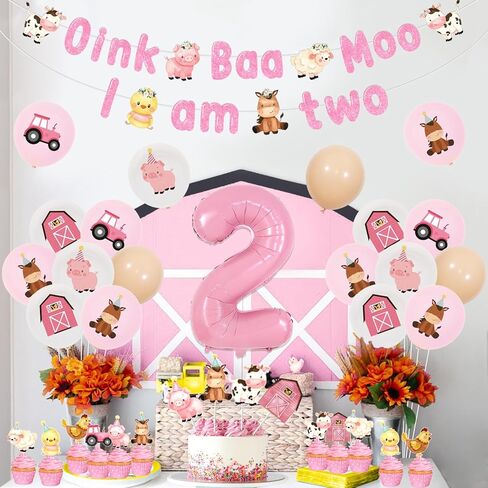ديكورات عيد الميلاد الثاني للمزرعة للفتيات - خلفية Oink Baa Moo Im Two، لافتة، أعلى كعكة حيوانات المزرعة، أغطية الكب كيك، البالونات، لوازم حفلات عيد ميلاد المزرعة الوردية Moo Moo I Am Two Barnyard in Saudi Arabia