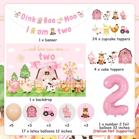 ديكورات عيد الميلاد الثاني للمزرعة للفتيات - خلفية Oink Baa Moo Im Two، لافتة، أعلى كعكة حيوانات المزرعة، أغطية الكب كيك، البالونات، لوازم حفلات عيد ميلاد المزرعة الوردية Moo Moo I Am Two Barnyard in Saudi Arabia