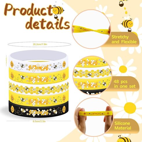 Lesnala 48 Pcs Bee silicone bracelets 4 Styles Honeybee rubber wristbands Bee themed elastic bracelet for World Bee Day Party Favors Classroom Decorations Birthday Present Supplies in Saudi Arabia