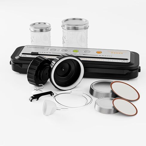 MEGAWISE Food Sealer w/Premium Kit with Accessory Hose for Wide and Regular Mouth Sealer, Dry & Moist Food Modes, Compact Design with 10 Vacuum Bags & 20 Mason Tin Lids. (Premium) in Saudi Arabia