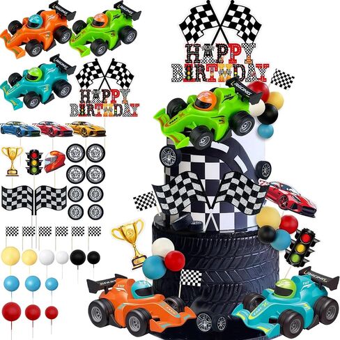 37PCS Race Car Cake Decoration 3 Colors Car cake Topper Red Black Yellow Blue White Ball Truck Themed Party Supplies in Saudi Arabia