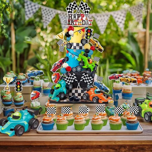 37PCS Race Car Cake Decoration 3 Colors Car cake Topper Red Black Yellow Blue White Ball Truck Themed Party Supplies in Saudi Arabia