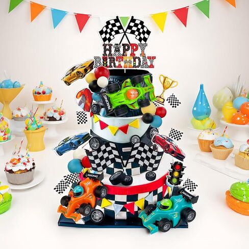 37PCS Race Car Cake Decoration 3 Colors Car cake Topper Red Black Yellow Blue White Ball Truck Themed Party Supplies in Saudi Arabia