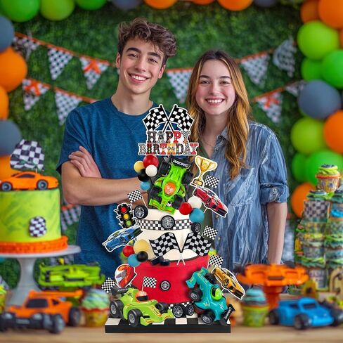 37PCS Race Car Cake Decoration 3 Colors Car cake Topper Red Black Yellow Blue White Ball Truck Themed Party Supplies in Saudi Arabia