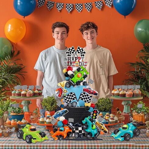 37PCS Race Car Cake Decoration 3 Colors Car cake Topper Red Black Yellow Blue White Ball Truck Themed Party Supplies in Saudi Arabia