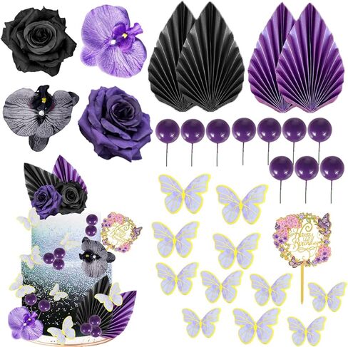 29 قطعة كعكة زهرة توبر أوراق النخيل فراشة الكرة بوهو كعكة الزينة الاكريليك عيد ميلاد سعيد كعكة القبعات العالية كب كيك كعكة توبر لحفل زفاف عيد ميلاد لوازم الديكور (أسود أرجواني) in Kuwait