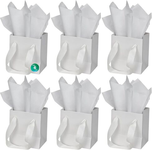 Papertide 6 Pack Small White Gift Bags 4x2.8x4.5 inch with Tissue Paper, Reusable Mini Gift Bags for Jewelry, Candles, Cosmetics, Birthday, Party Favors, Thank You Gifts in Saudi Arabia