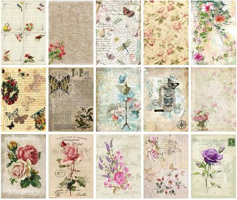 30 Sheets Vintage Floral Scrapbook Paper Pack, 15 Retro Flower/Butterfly Patterns - Decorative Material for Junk Journal, DIY Album & Craft Projects in Saudi Arabia