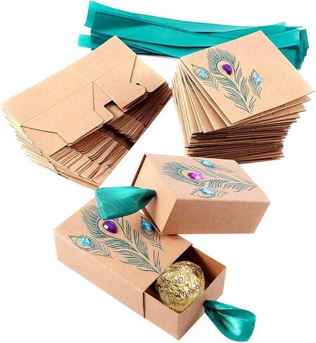 علب حلوى حقيبة حقيبة فايلابا، صندوق حلوى مفضل للحفلات، حقيبة هدايا ورقية كرافت عتيقة لحفلات السفر وحفلات الزفاف وأعياد الميلاد وحفلات الزفاف (ريش الطاووس 50 قطعة) in Kuwait