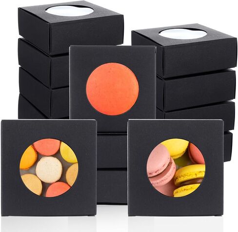 xozeooeu 150 قطعة من صناديق الصابون الأسود مع نافذة مستديرة - صناديق هدايا مقاس 3 × 3 × 1.2 بوصة للحلوى والكوكيز والمجوهرات ومفضلات الحفلات in Kuwait