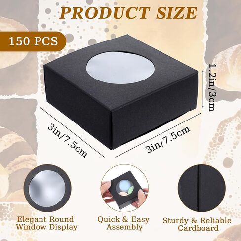 xozeooeu 150 قطعة من صناديق الصابون الأسود مع نافذة مستديرة - صناديق هدايا مقاس 3 × 3 × 1.2 بوصة للحلوى والكوكيز والمجوهرات ومفضلات الحفلات in Kuwait