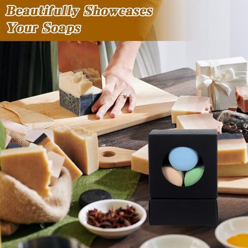 xozeooeu 150 قطعة من صناديق الصابون الأسود مع نافذة مستديرة - صناديق هدايا مقاس 3 × 3 × 1.2 بوصة للحلوى والكوكيز والمجوهرات ومفضلات الحفلات in Kuwait