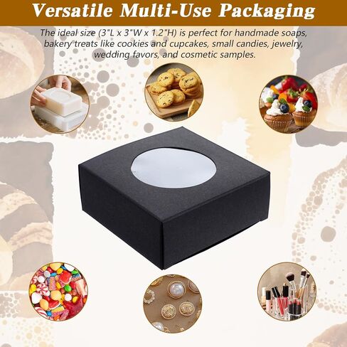 xozeooeu 150 قطعة من صناديق الصابون الأسود مع نافذة مستديرة - صناديق هدايا مقاس 3 × 3 × 1.2 بوصة للحلوى والكوكيز والمجوهرات ومفضلات الحفلات in Kuwait