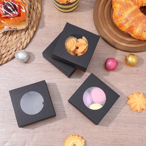 xozeooeu 150 قطعة من صناديق الصابون الأسود مع نافذة مستديرة - صناديق هدايا مقاس 3 × 3 × 1.2 بوصة للحلوى والكوكيز والمجوهرات ومفضلات الحفلات in Kuwait