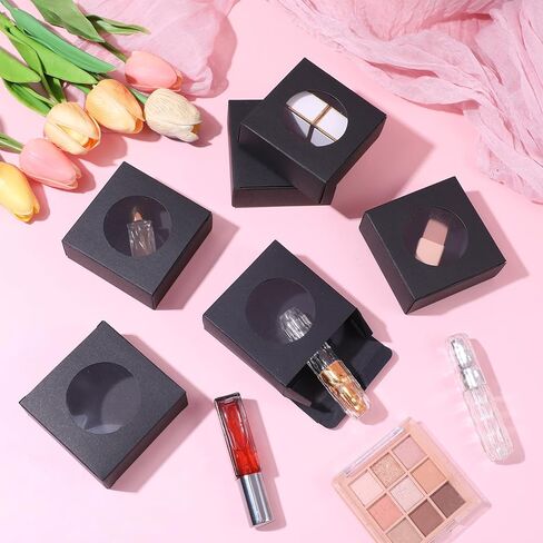 xozeooeu 150 قطعة من صناديق الصابون الأسود مع نافذة مستديرة - صناديق هدايا مقاس 3 × 3 × 1.2 بوصة للحلوى والكوكيز والمجوهرات ومفضلات الحفلات in Kuwait