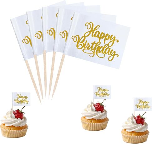 Gold Happy Birthday Cupcake Topper Flags Banner Mini Small Happy Birthday Toothpick Stick Flags Celebrating Happy Birthday Anniversary Cake Party Theme Decorations(100Pcs) in Saudi Arabia