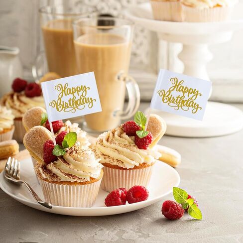 Gold Happy Birthday Cupcake Topper Flags Banner Mini Small Happy Birthday Toothpick Stick Flags Celebrating Happy Birthday Anniversary Cake Party Theme Decorations(100Pcs) in Saudi Arabia