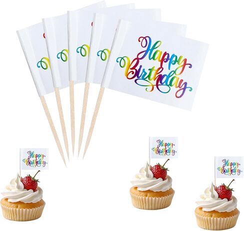 Gold Happy Birthday Cupcake Topper Flags Banner Mini Small Happy Birthday Toothpick Stick Flags Celebrating Happy Birthday Anniversary Cake Party Theme Decorations(100Pcs) in Saudi Arabia