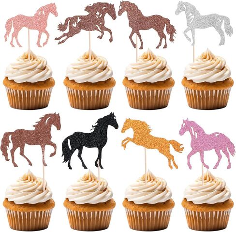 Horse Cake Topper, 32Pcs Horse Cupcake Toppers, Birthday Decorations for Girls, Glittery Cupcake Toppers for Birthday Equestrian Themed Events, Year of The Horse 2026 Decorations in Saudi Arabia