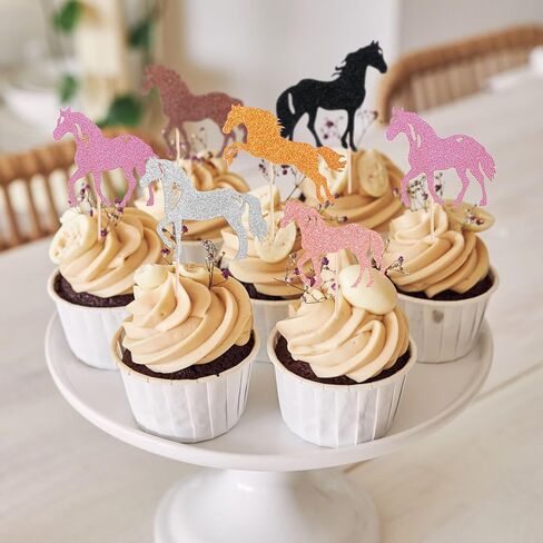 Horse Cake Topper, 32Pcs Horse Cupcake Toppers, Birthday Decorations for Girls, Glittery Cupcake Toppers for Birthday Equestrian Themed Events, Year of The Horse 2026 Decorations in Saudi Arabia
