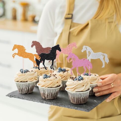 Horse Cake Topper, 32Pcs Horse Cupcake Toppers, Birthday Decorations for Girls, Glittery Cupcake Toppers for Birthday Equestrian Themed Events, Year of The Horse 2026 Decorations in Saudi Arabia