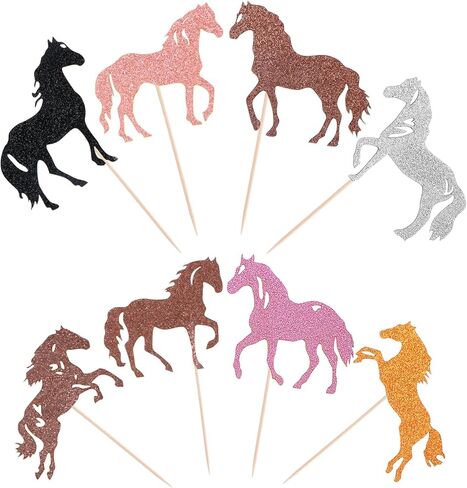 Horse Cake Topper, 32Pcs Horse Cupcake Toppers, Birthday Decorations for Girls, Glittery Cupcake Toppers for Birthday Equestrian Themed Events, Year of The Horse 2026 Decorations in Saudi Arabia