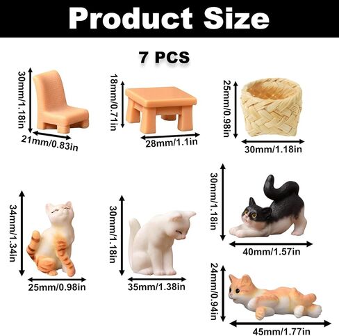 7PCS Cat Resin Figurines, Cat Table Chair Basket Miniature Figurines, Animals Accessories for Doll House Decor Micro Garden Landscape Party Supplies Cake Toppers Plant Automobile Decoration in Kuwait