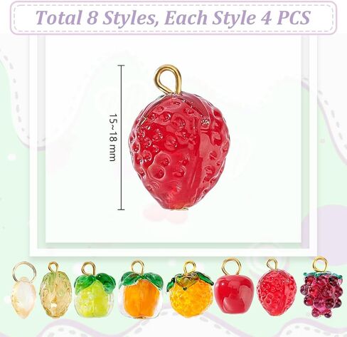 32 قطعة من بدلات زجاج الفاكهة من AHANDMAKER - 8 أنماط من سحر الفاكهة Lampwork - سحر الطعام الكريستالي - الأناناس والفراولة والعنب - صناعة المجوهرات المصنوعة يدويًا in Saudi Arabia