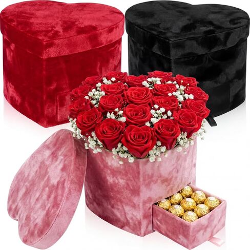 3 Pcs Valentine's Day Flower Heart Shape Velvet Boxes with Drawer - 7.9x7.9x5.9 in 3 Colors Flower Boxes for Arrangements Jewelry Storage for Weddings Proposals Birthdays in Saudi Arabia