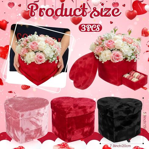 3 Pcs Valentine's Day Flower Heart Shape Velvet Boxes with Drawer - 7.9x7.9x5.9 in 3 Colors Flower Boxes for Arrangements Jewelry Storage for Weddings Proposals Birthdays in Saudi Arabia