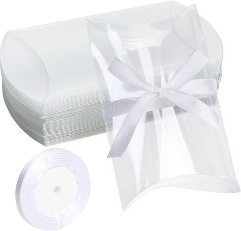Klmnop 70 PCS 5.51 x 3.54x 1.18 Inch Clear Pillow Gift Boxes, Plastic Candy Treat Favor Box with Ribbon, Sweet Bags for Wedding Birthday Party Gift Packing Supplies(Clear) in Saudi Arabia