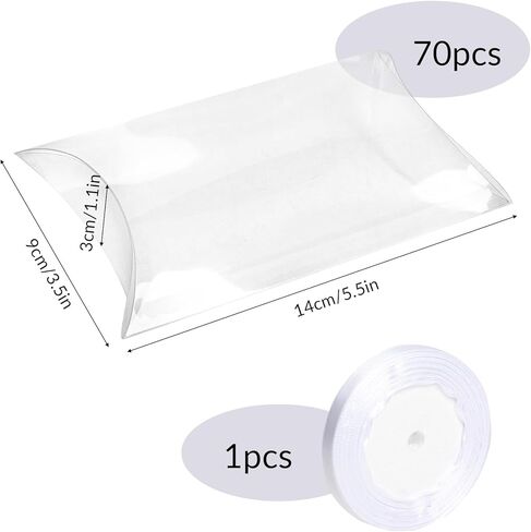 Klmnop 70 PCS 5.51 x 3.54x 1.18 Inch Clear Pillow Gift Boxes, Plastic Candy Treat Favor Box with Ribbon, Sweet Bags for Wedding Birthday Party Gift Packing Supplies(Clear) in Saudi Arabia