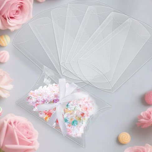 Klmnop 70 PCS 5.51 x 3.54x 1.18 Inch Clear Pillow Gift Boxes, Plastic Candy Treat Favor Box with Ribbon, Sweet Bags for Wedding Birthday Party Gift Packing Supplies(Clear) in Saudi Arabia