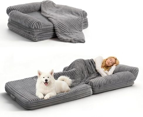 Foldable Human Dog Bed for Adult, Fluffy Faux Angora Human Sized Pet Bed with Blanket, Orthopedic Dog Bed with Egg Foam and Water Repellent Liner (Light Grey (Foldable), 79" Length) in Kuwait